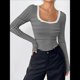 thumbnail image 4 of Camisas de Larga con Cuello Redondo para Mujer, Blusas Informales de Punto Acanalado de Corte Ajustado, Camisetas Básicas de Trabajo para Verano y Otoño. Negro M, 4 of 8