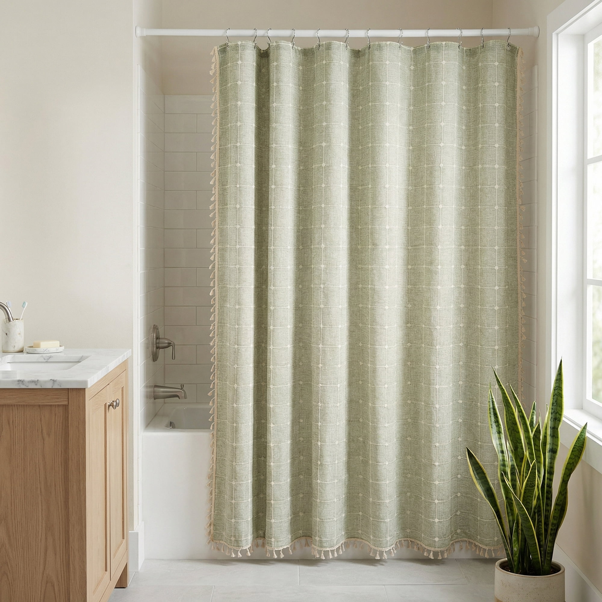 Unique Bargains Boho Plaid Blend Shower Curtain Sets with Hooks Green 72"W x 72"L