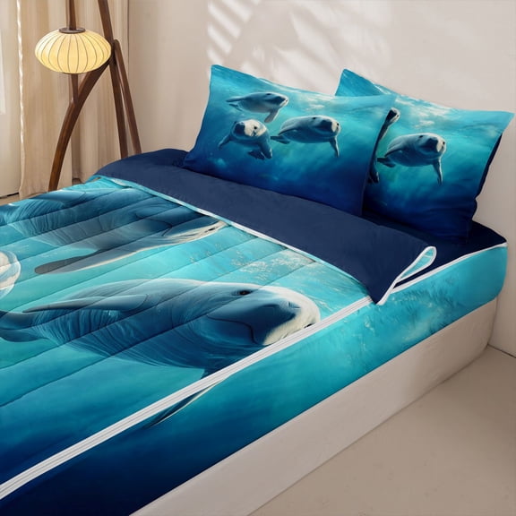 Manfei Underwater Manatee Zipper Twin Comforter Sets with Fitted Sheet and 2 Pillowcases for Kids Boys and Girls, Ocean Animal Zipper Bedding Set, Navy Reversible, 4-Piece