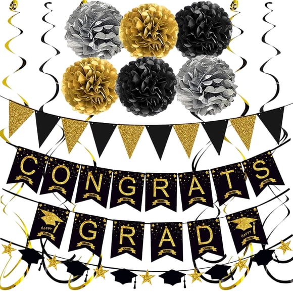 kjfeif 2026 Graduation Decorations Kit, Congrats Grad Banner, Star & Cap Garland, Black Gold Tissue Pom Poms, Hanging Pennant Banner Set for Grad Party Decor