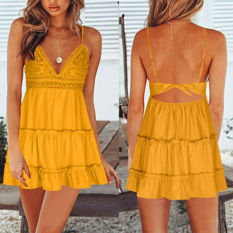 BLVB Sundresses for Women Summer V-Neck Spaghetti Strap Backless Lace Mini Skater  Dress Beach Vacation Dress - Walmart.com