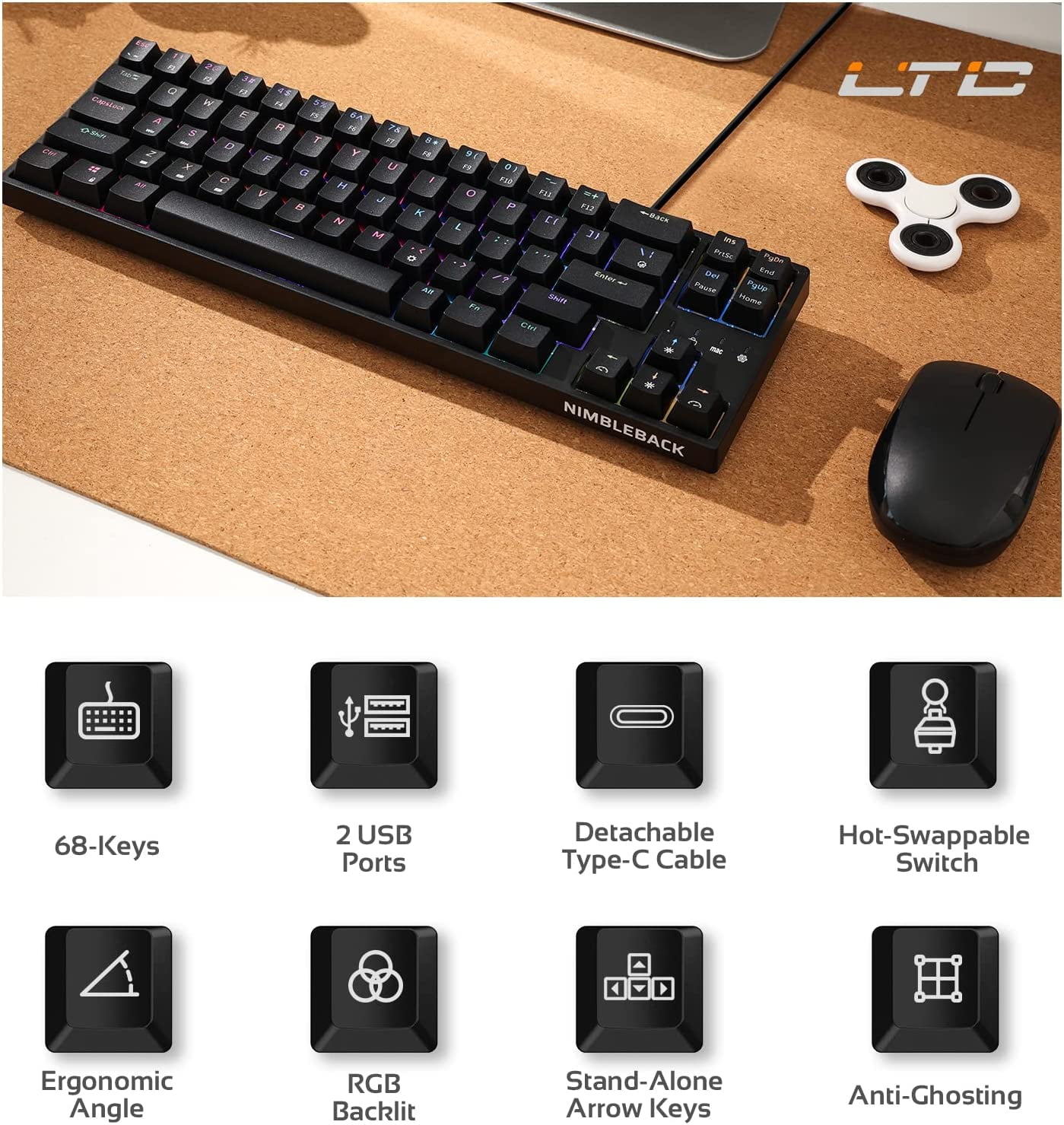 LTC NB981 Nimbleback 98 Keys Wired Mechanical Keyboard, 96% Gaming Keyboard w/White Backlit, Red Switch, 2-Layer Foam, Eclipse Black