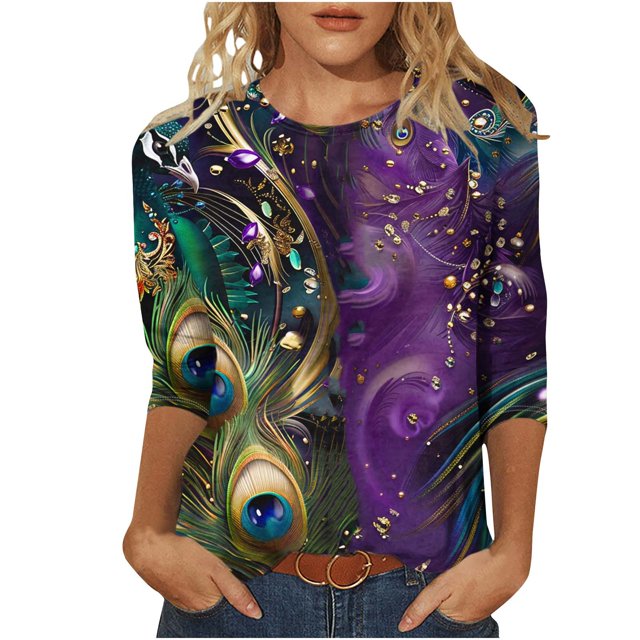 Penkiiy T-shirt Blouse Décontractée à Col Rond Manches 3/4 Mode Mardi Gras pour Femmes 2TG Multicolore