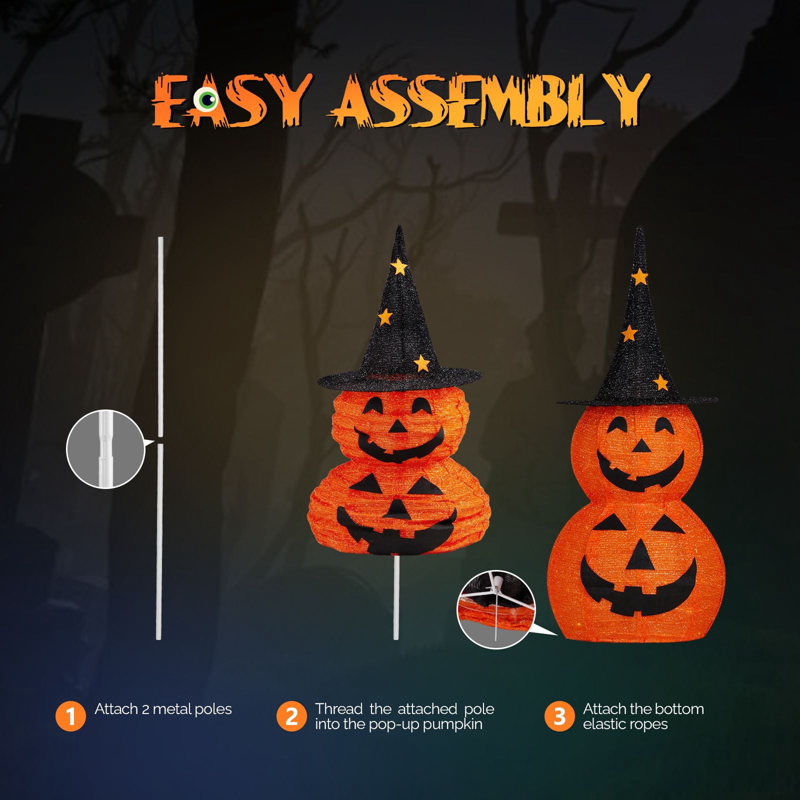 3FT Lighted Pop-Up Pumpkin Set of 2 with 150 LED Lights for Outdoor Lawn Yard Indoor Decor