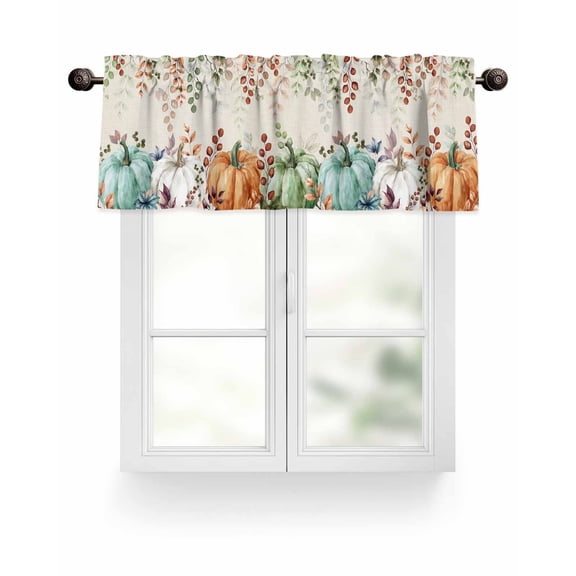 Farmhouse Fall Thanksgiving Kitchen Valances for Windows Orange White Green Pumpkin Leaf Valance Curtains  for Kitchen /Living Room/Bedroom/ Bathroom Decor, 54"x18 " ,Rod Pocket 1 Panel,