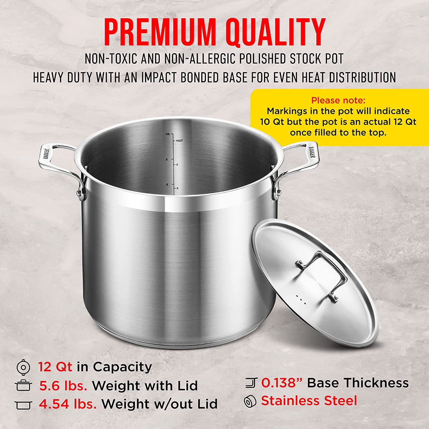 Stockpot – 12 Quart – Brushed Stainless Steel – Heavy Duty Induction Pot with Lid and Riveted Handles – For Soup, Seafood, Stock, Canning and for Catering for Large Groups and Events by BAKKEN