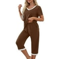 thumbnail image 3 of Njoeus Capris Pajamas Women Set Two Piece Casual Short Sleeve Tops V-Neck Shirt Capris Pants Outfits Soft Comfy Sleepwear Pjs Sets Lounge, 3 of 8