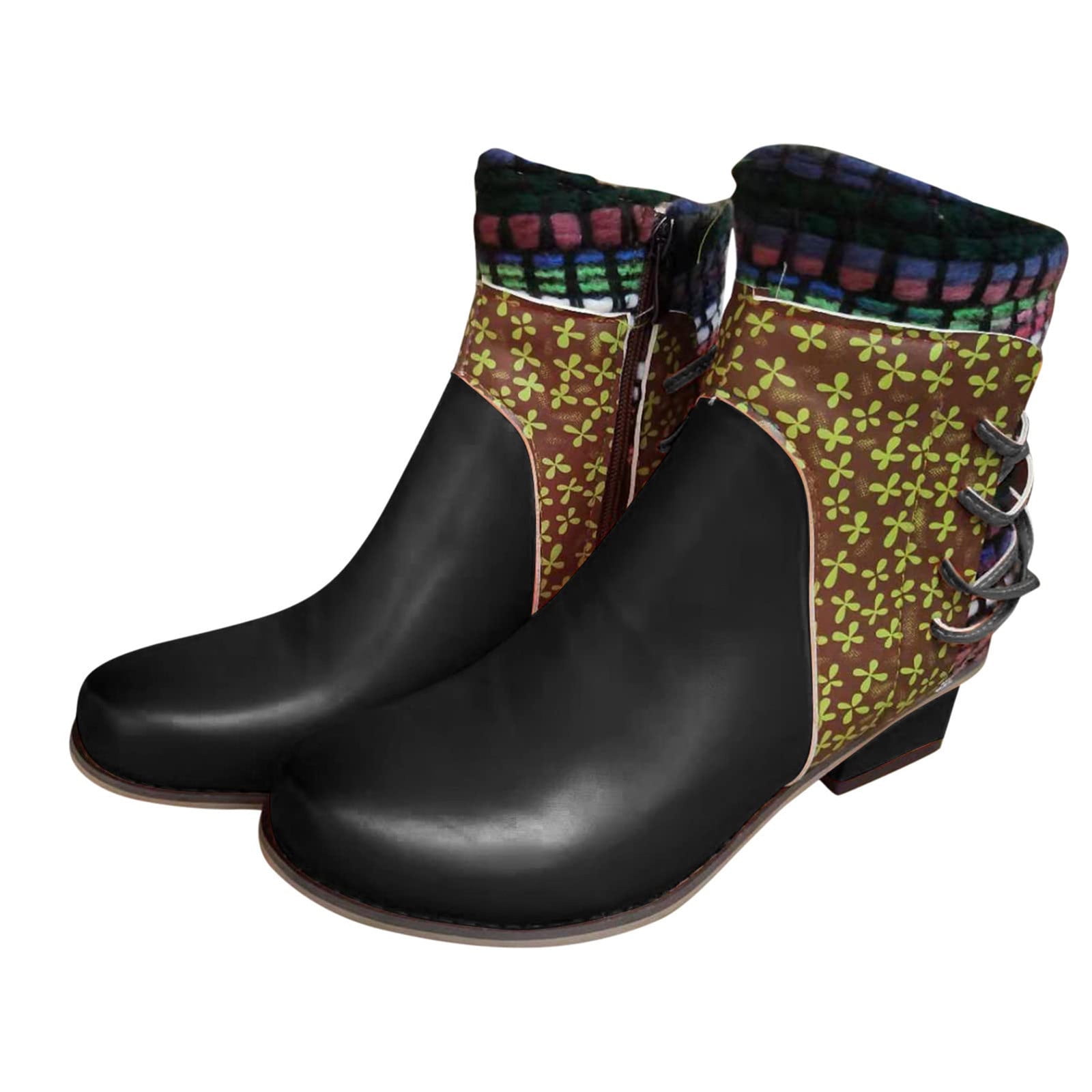 Summer Saving Clearance AXXD Women's Vintage Splicing Round Toe Square Heel Boots Thick Heel Short Shoes Fall Boots for Women 2024 Clearance Black Size 37(US:6)