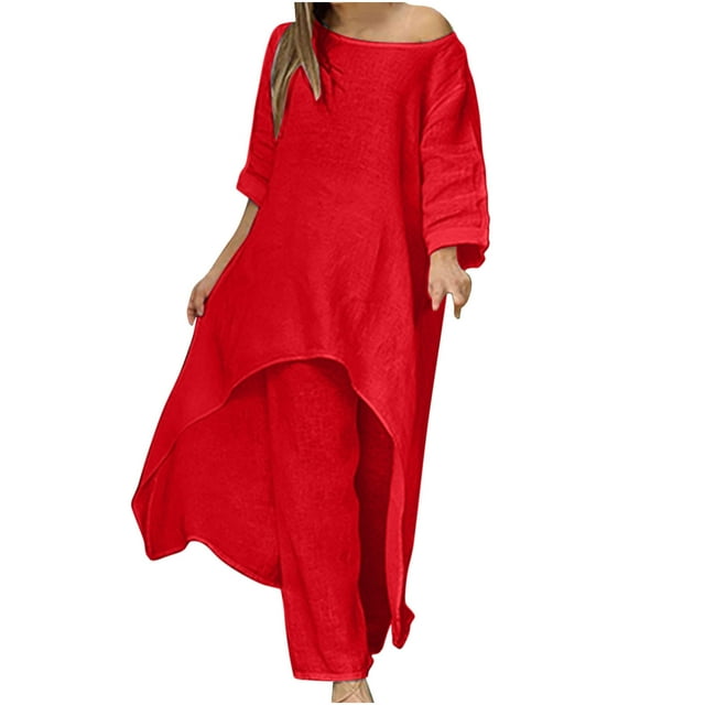 Hauts à Manches Longues pour Femmes Ensembles de Détente d'Été Amples 2 Pcs Assortis Tenues Solides Col Rond Hauts à Manches Longues et Pantalons Longs Survêtements Ensemble de Détente pour Femmes 2 Pcs