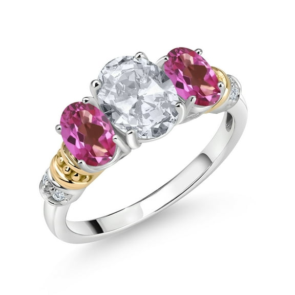 Gem Stone King 925 Sterling Silver and 10K Yellow Gold Oval White Topaz Pink Mystic Topaz and White Diamond 3 Stone Ring for Women (2.53 Cttw, Gemstone November Birthstone, Size 7)