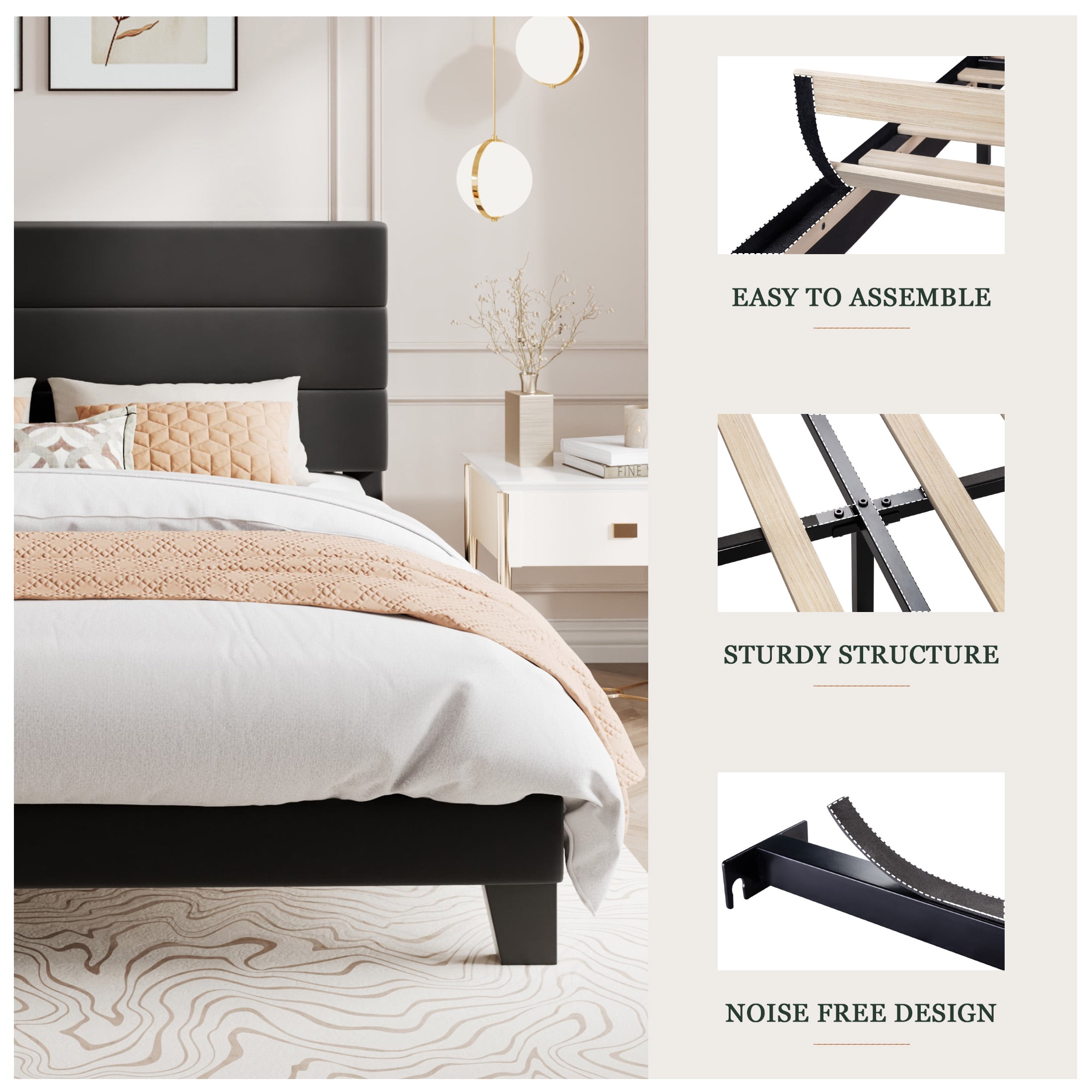 Amolife King Bed Frame, Platform Bed Frame with Velvet Upholstered Headboard, Black