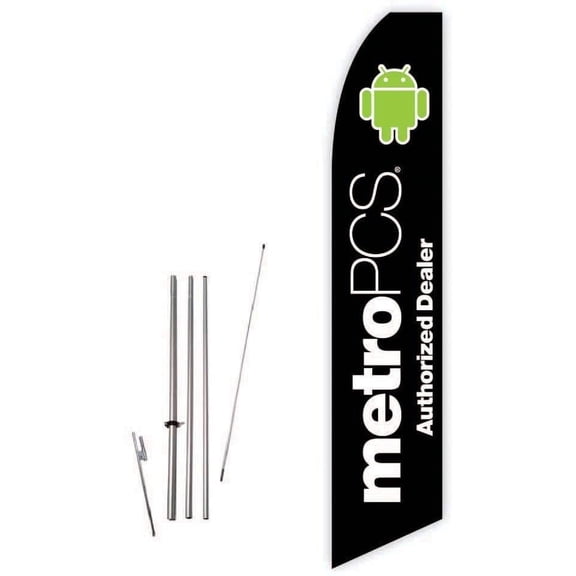 Metro PCS Authorized Dealer Black Super Novo Feather Flag - Complete with 15ft Pole Set and Ground Spike