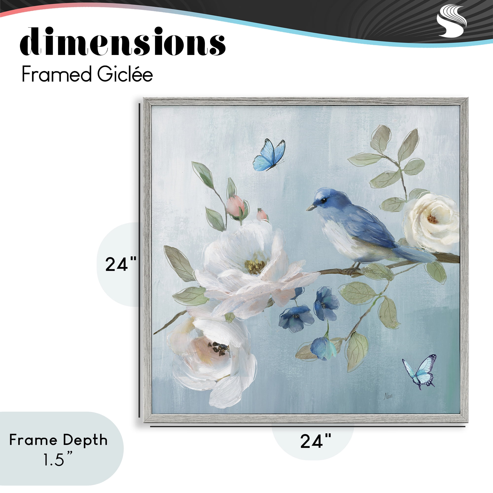 Stupell Industries Pastel Blue Bird Blooms Gray Framed Giclee Art, design by Nan