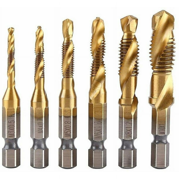 Set of 6 Thread Taps, Tap Drill, Metric Thread M3-M10 with Titanium-Coated HSS and Hexagonal Shank Tap Bits for Tapping Different Threads.