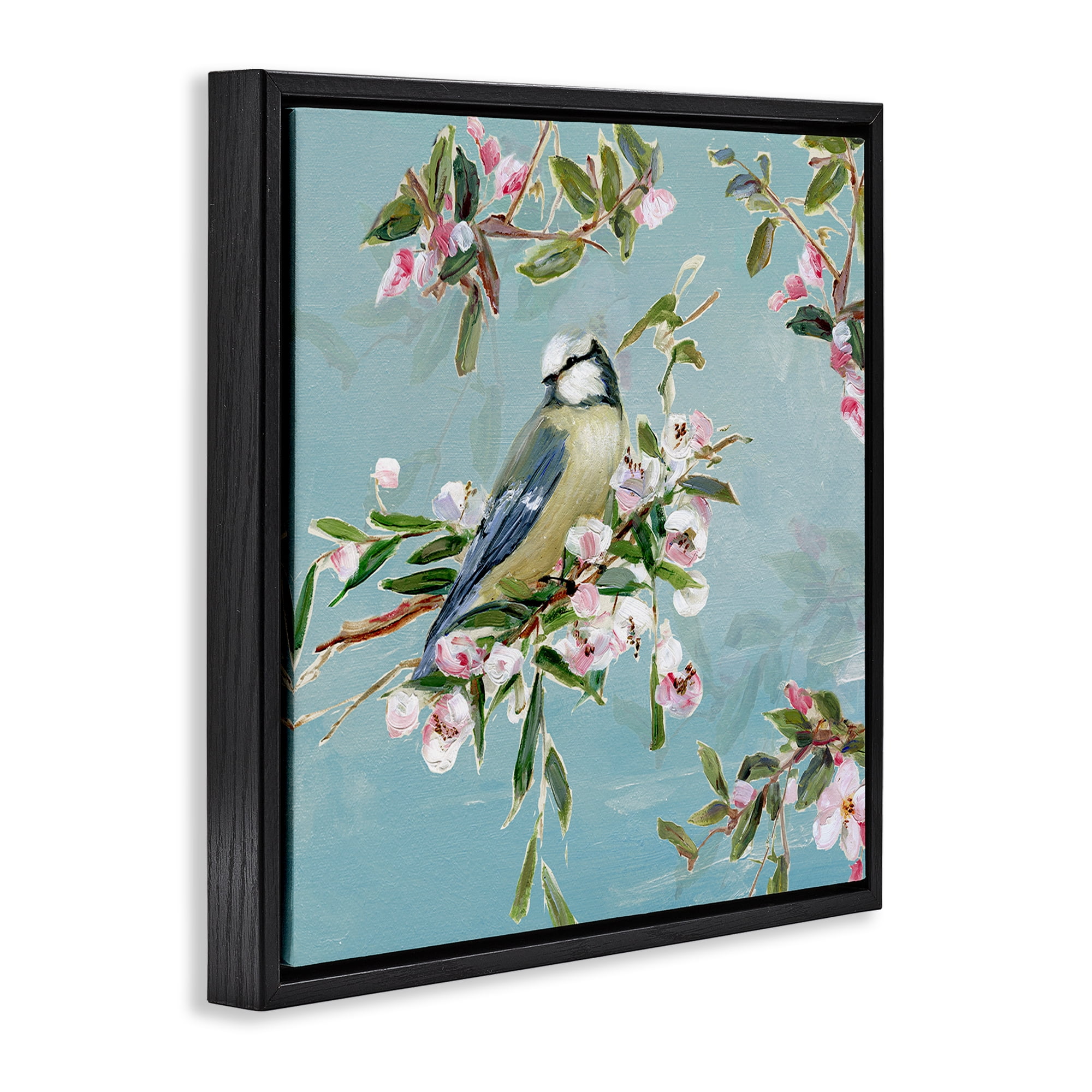 Stupell Industries Songbird Perched on Blooms Black Framed Floater Canvas Wall Art, design by Sally Swatland