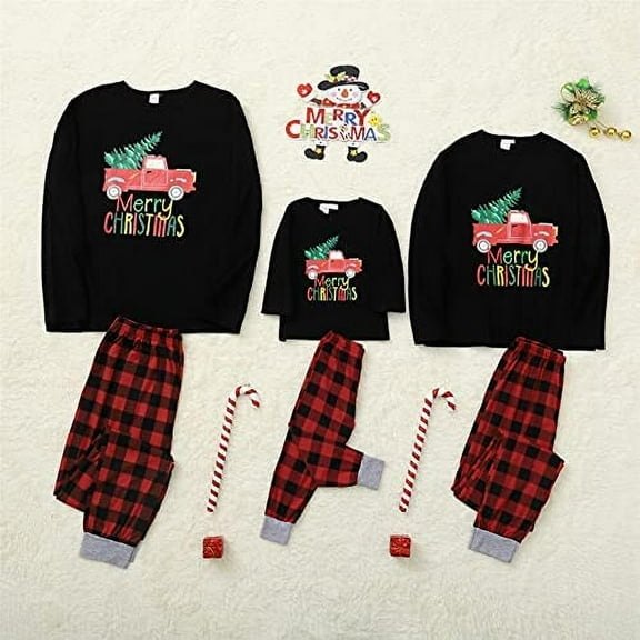 GRNSHTS Christmas Family Matching Black Top and Plaid Pants Pajamas Sets,Merry Christmas,2-Piece,Sizes For Kids Adult,Unisex (Dad,M)