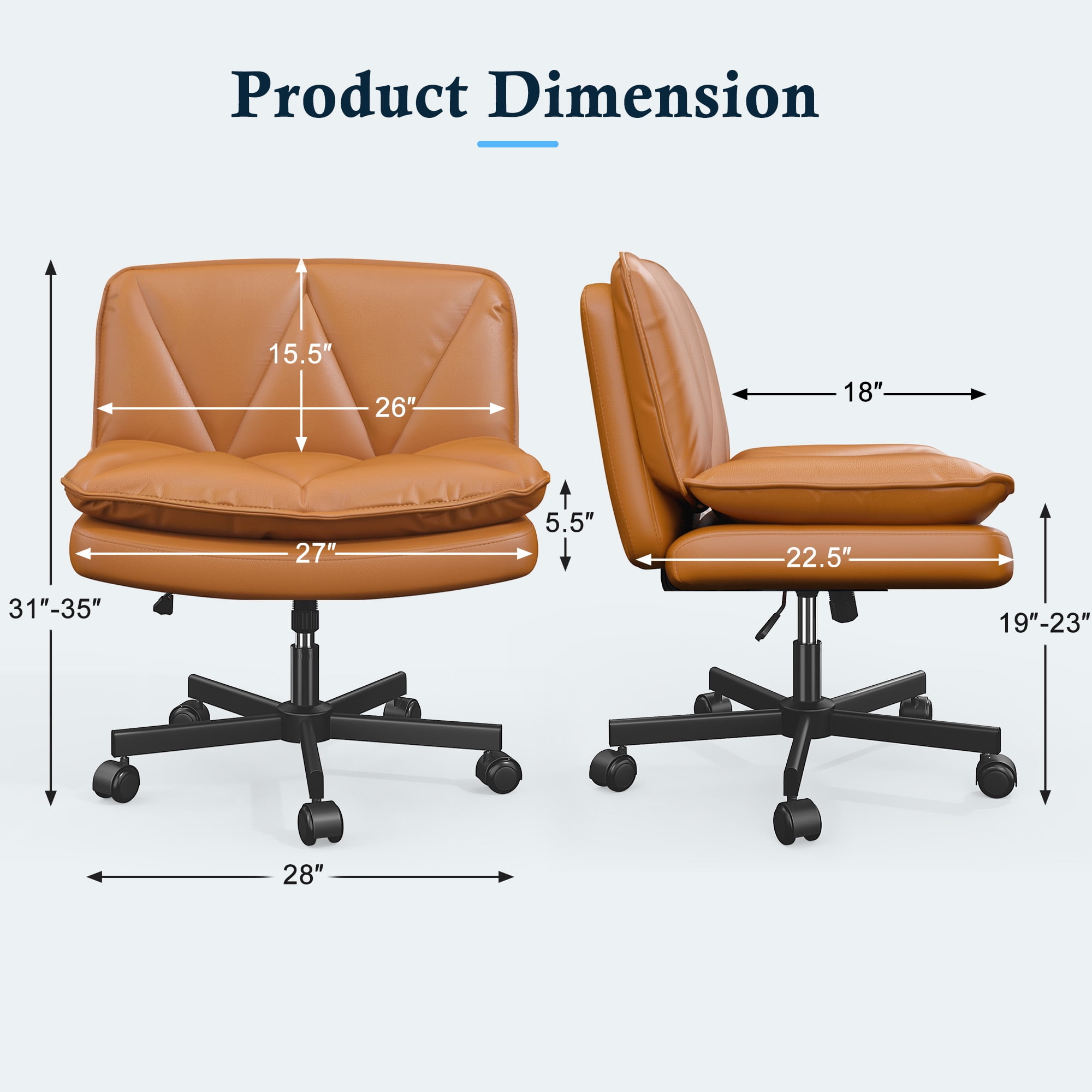 Romorgniz 27" W Chair Criss Cross Legged Office Chair Armless Adjustable Desk Chair with Wheels, Wide Seat, and 2-Layer Cushion, Orange