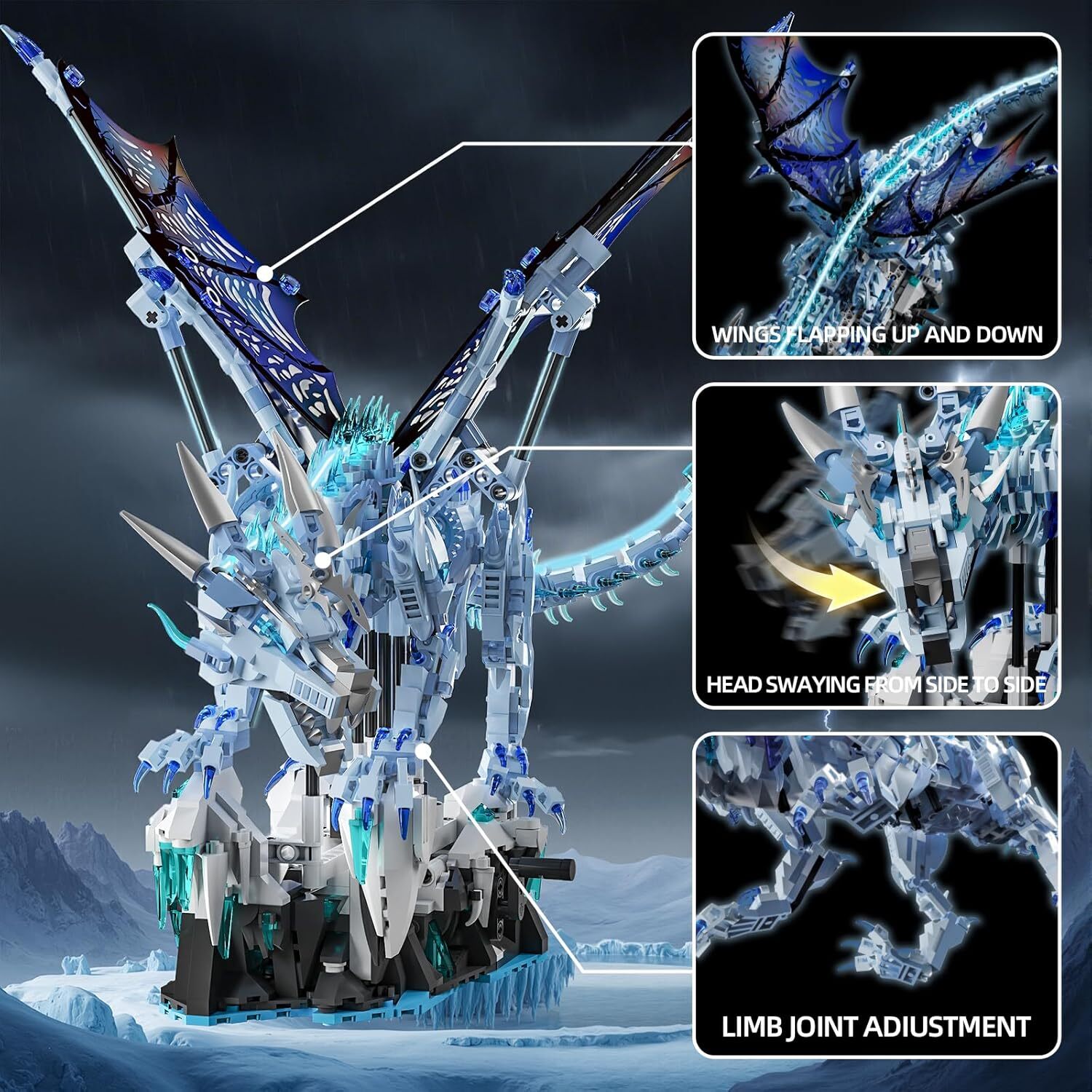 Goirzi 1646Pcs Dark Ice Dragon Building Blocks Set – Display Model Kit, Mythical Creature Building Toys for Collection and Decoration