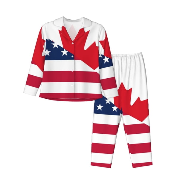Balery USA Canada Flag Conjunto de Pijama con Estampado para Mujer, Conjunto de Dos Piezas con Manga Larga, Ropa de Dormir Suave con Bolsillos, Pijamas Cómodos-XX-Large