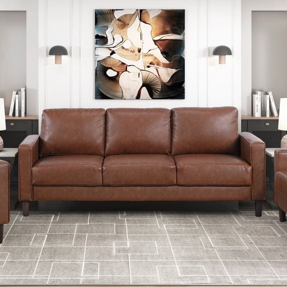 Modern Style Chocolate Faux Leather Upholstered 3-Seater Sofa Couch Comfortable Cushion Back Seat Solid Wood Living Room Furniture 1pc