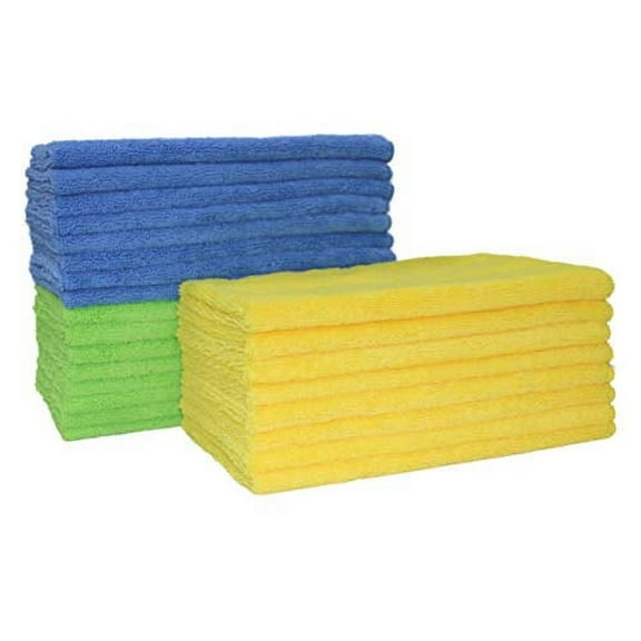 Polyte Microfiber Cleaning Towel (16x24 in, 18 Pack, Blue,Green,Yellow)