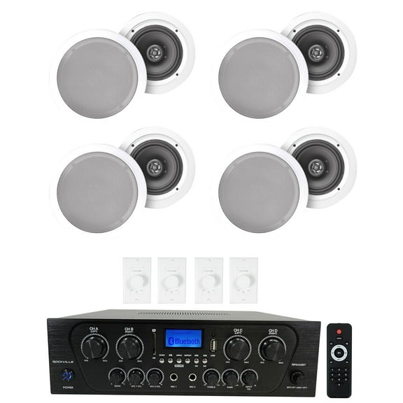 Rockville 4-Room Home Audio Kit Stereo 8 White 8" Ceiling Speakers Wall Controls