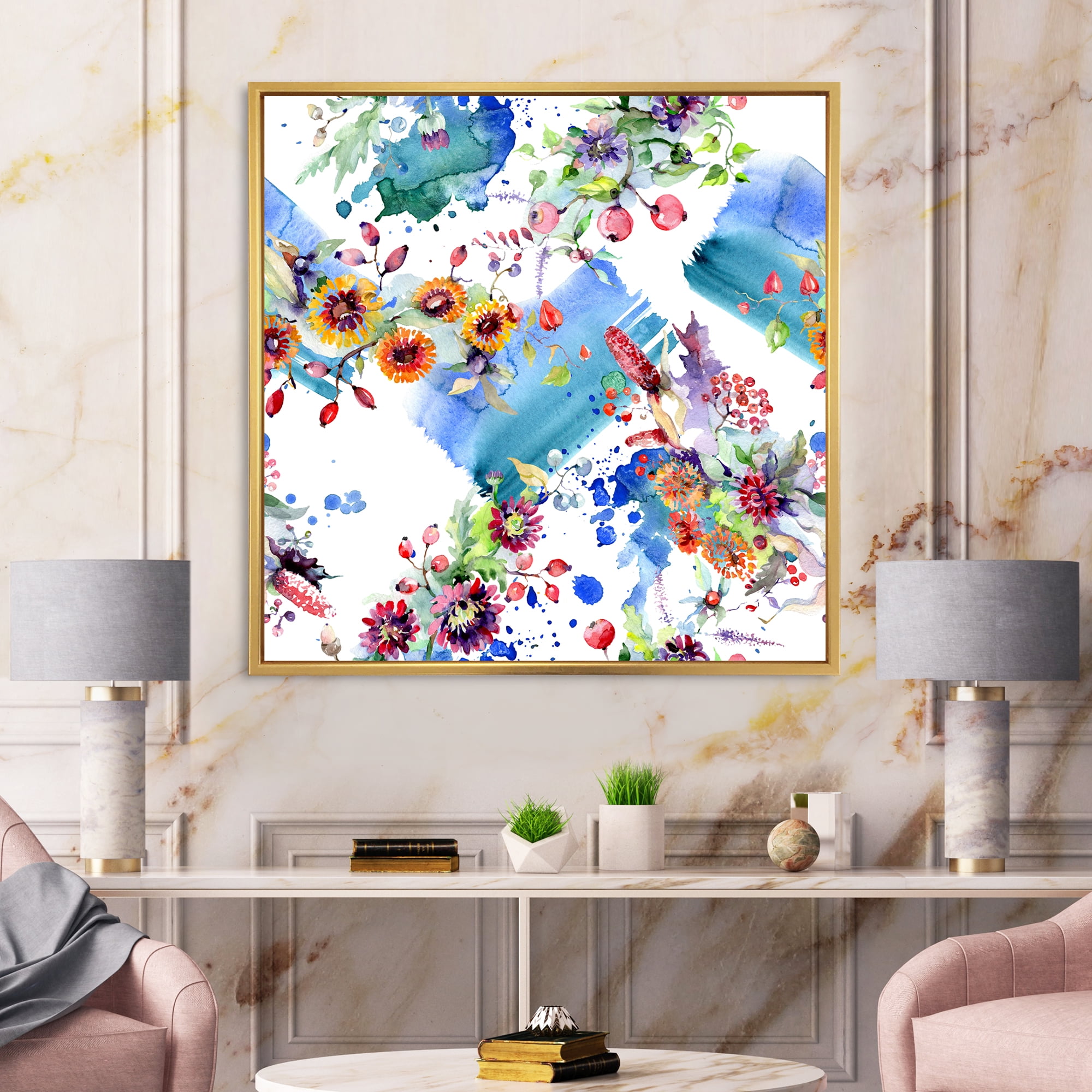 Designart 'Wildflowers and Vibrant Wild Spring Leaves IX' Modern Framed Canvas Wall Art Print