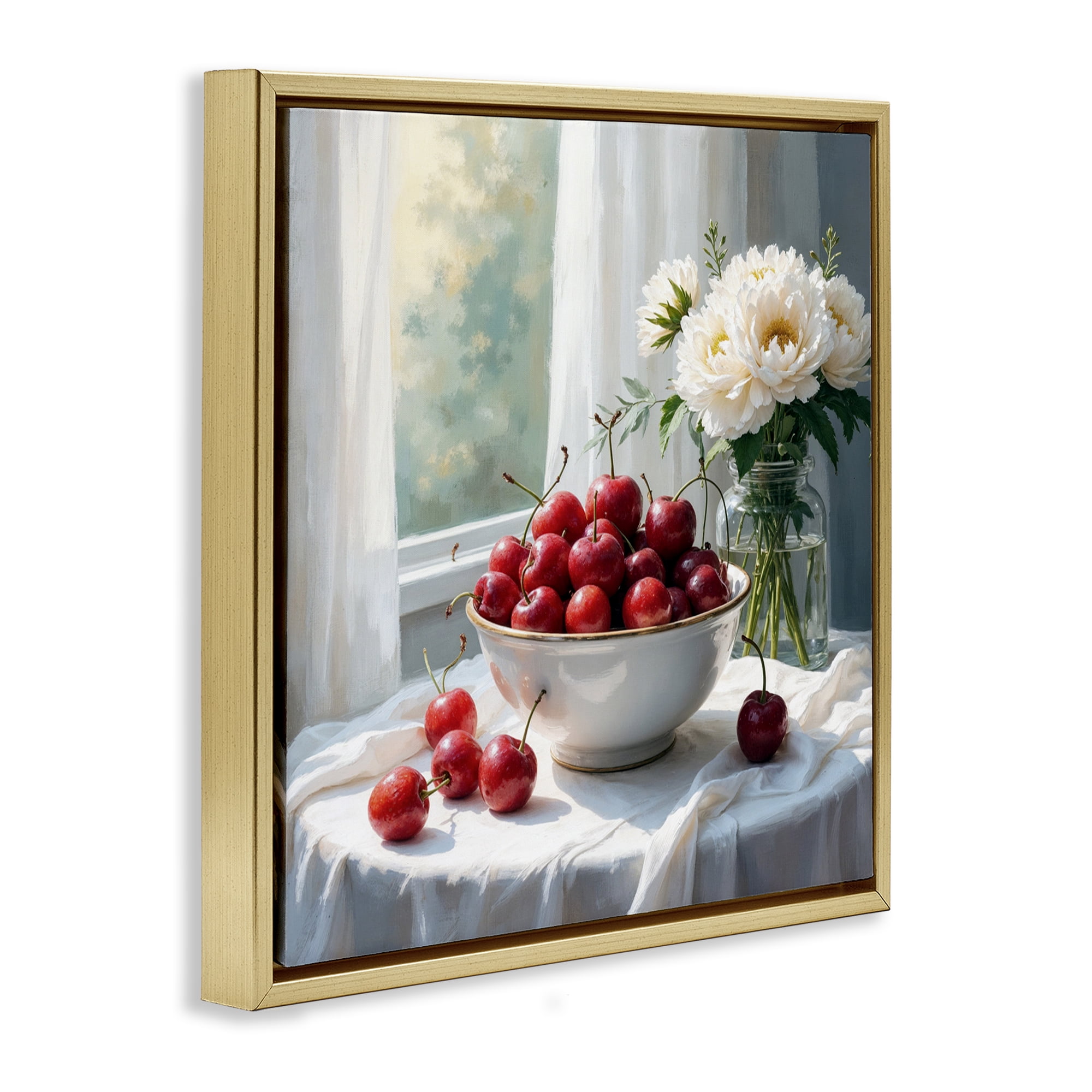 Cherries & Flowers Still Life Gold Framed Floater Canvas Wall Art, design by Lettered and Lined