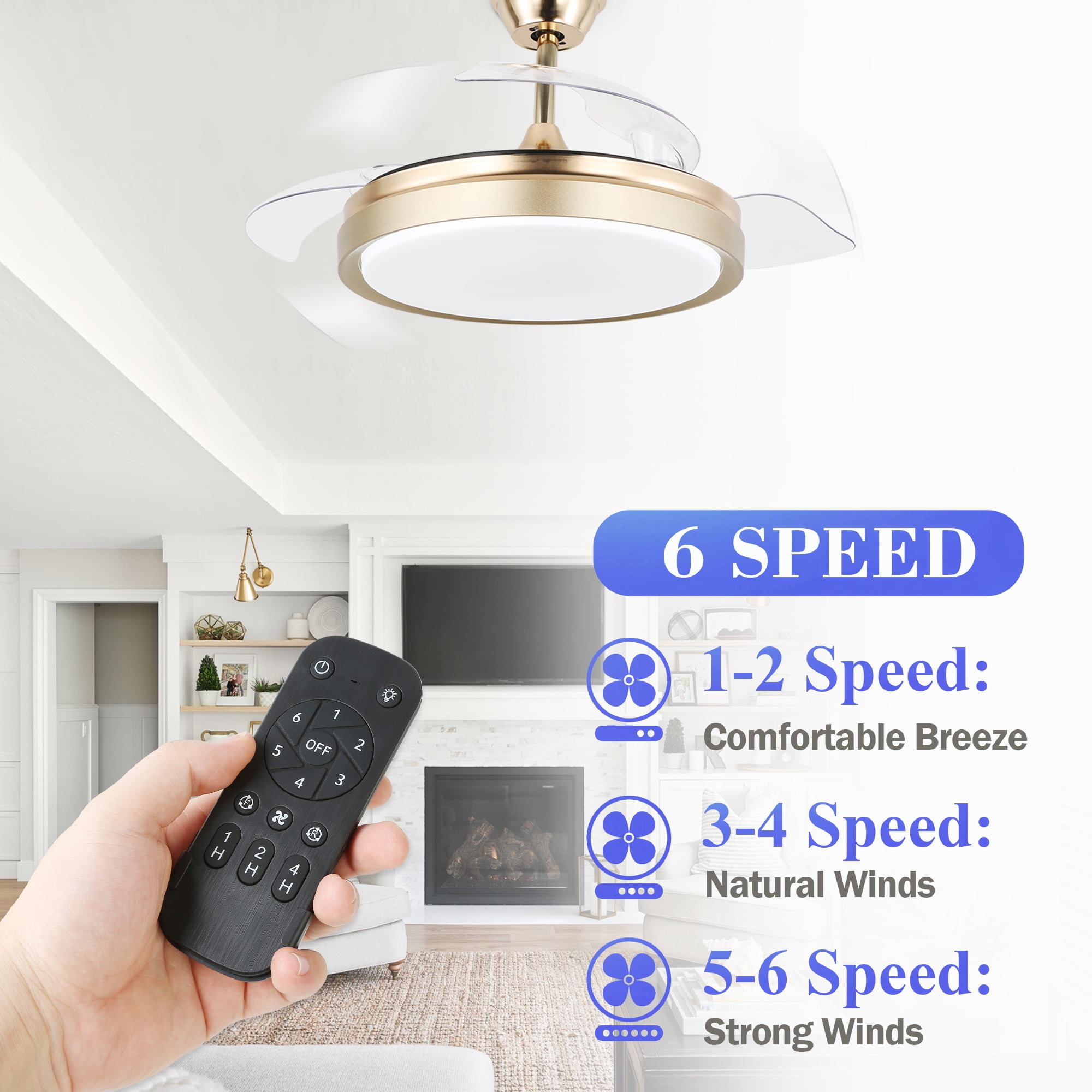 Belladepot 42" Gold Retractable Ceiling Fan Reversible With Remote Control and Light Kit 3 Blades