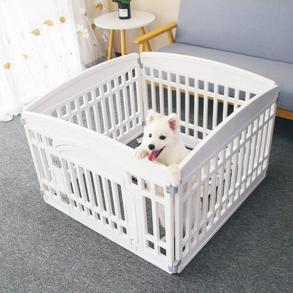Pet Playpen Gate for Dogs Heavy Plastic Puppy Exercise Pen Small Pets Fence Puppies Folding Cage 4 Panels for Puppies and Small Dogs House White (33.5x33.5 Inches)