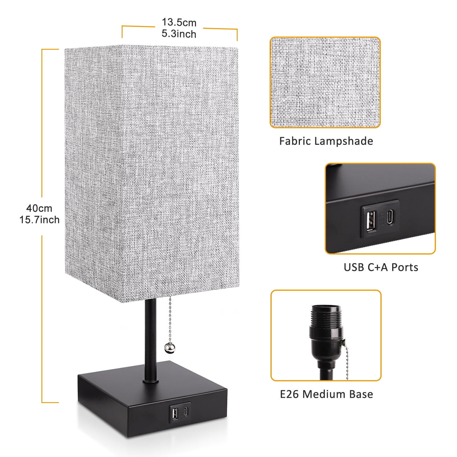 Bedside Table Lamp,Pull Chain Table Lamp with 2 USB Charging Ports, 2700K LED Bulb with Fabric Lampshade, Nightstand Lamps for Bedroom Living Room Study Dorm Home Office (LED Bulb Included),Gray
