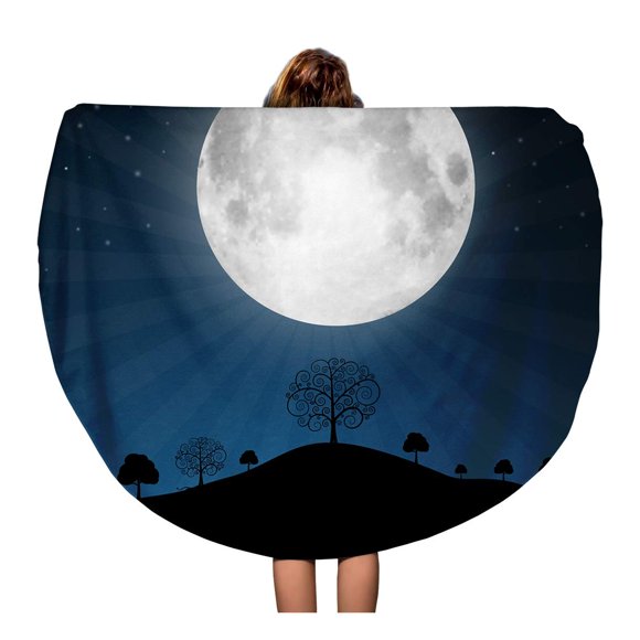 JSDART 60 inch Round Beach Towel Blanket Blue Cartoon Full Moon Stars and Trees Moonlight Night Travel Circle Circular Towels Mat Tapestry Beach Throw