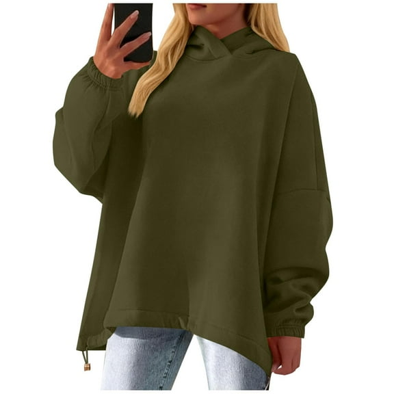 Oversized Hoodie for Women Long Sleeve Solid Drawstring Pullover Tops Olive Green M