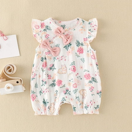 Gubotare Baby Girls  Clothing Short Sleeve Baby Girl Romper Floral Ruffle Sleeveless Jumpsuit Cotton Bodysuit with Headband Summer Clothes Outfit (Pink 3-6 Months)