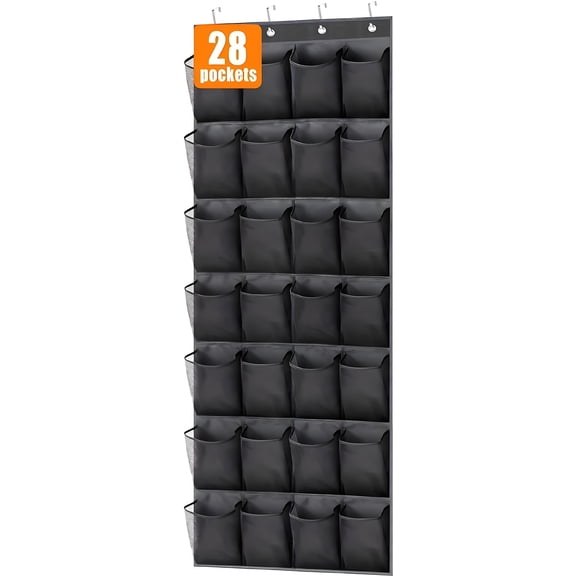 28 Pockets Over the Door Shoe Organizer, Hanging Shoe Organizer for Door with 28 Mesh Pockets Large Capacity Shoe Hanging Storage Bag (Black-1Pack)