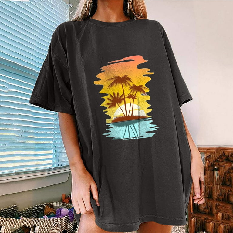 Olyvenn Sales Midi Tunic T Shirts for Women Fashion Ladies Blouse Tops  Short Sleeve Drop Shoulder Crew Neck Tropical Landscape Graphic Print Girls