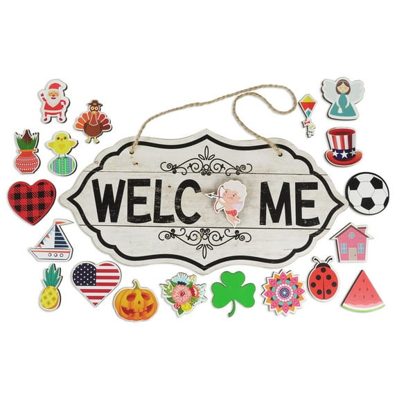 Inkdotpot Welcome Sign Front Door Decorations Hanging 20 Interchangeable Rustic Wood Seasonal Holiday Ornaments Housewarming Gift, Farmhouse Porch Decor- Wall Hanging 18" Inches
