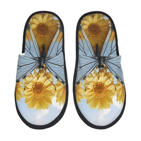 Balery Vibrant Butterfly And Sunflowers Slient Indoor Furry Fleece Comfort House Shoes Soft Non-Slip Home Shoes Cotton slippers House Slippers-- Large