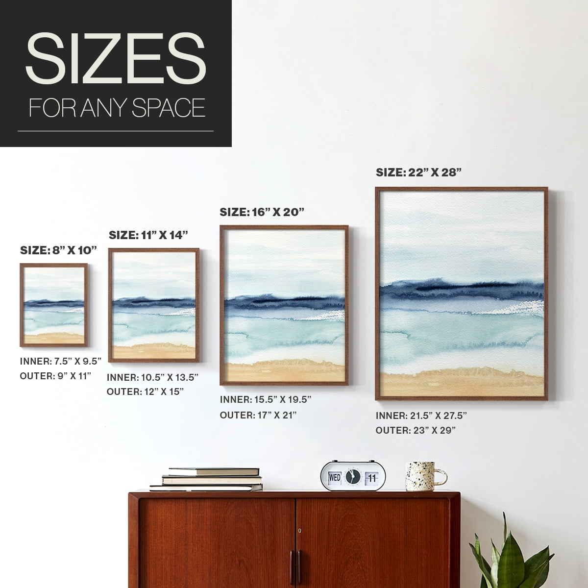 Watercolor Ocean Horizon II Framed Print in Brown Solid Wood 11 x 14 Framed Print