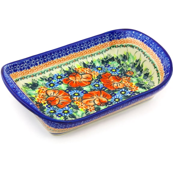 Polish Pottery 11-inch Platter with Handles (Bold Poppies Theme) Signature UNIKAT Hand Painted in Boleslawiec, Poland   Certificate of Authenticity