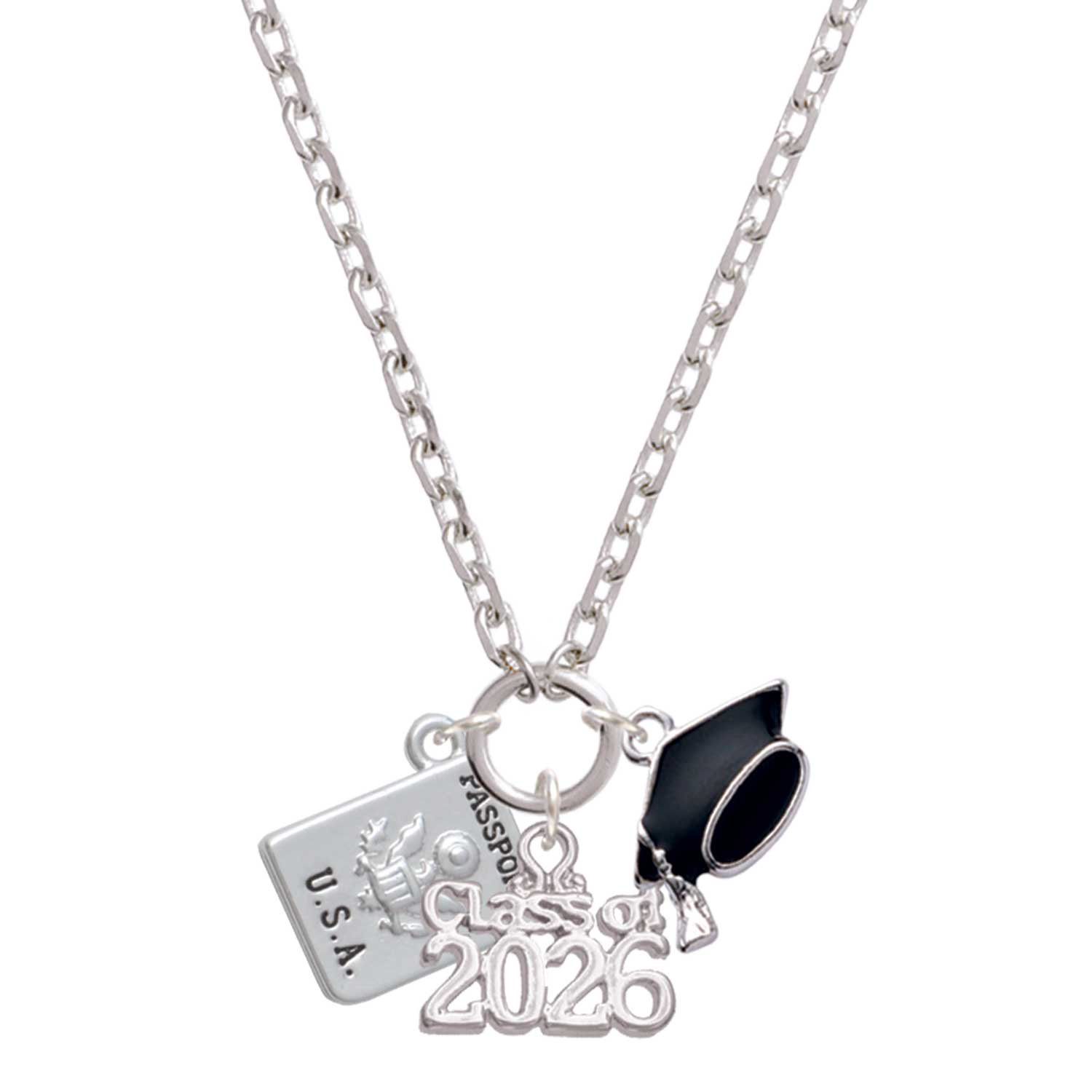Delight Jewelry Silver-tone U.S. Passport - Class of 2026 Graduation Zoey Charm Necklace, 28"