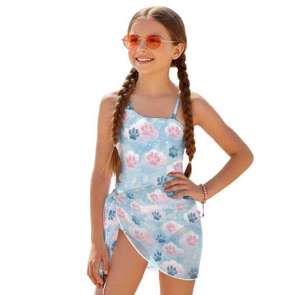 Jiueut Paws Clouds Stars Print Swimsuits for Teen with Mesh Cover Up One Piece Bathing Suits One Shoulder Soft Swimwear for Summer