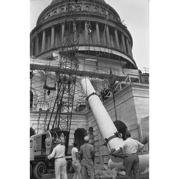 Print: Workmen Hoisting A Column During Restoration Work On The U.S