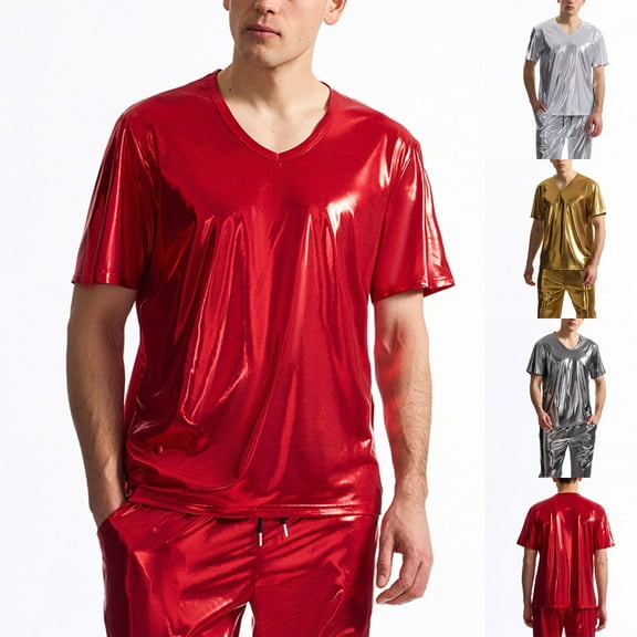 Miluxas Men's Shiny Metallic T-Shirts Short Sleeve Sparkly Shirts Disco Tops Silver XL(XL)