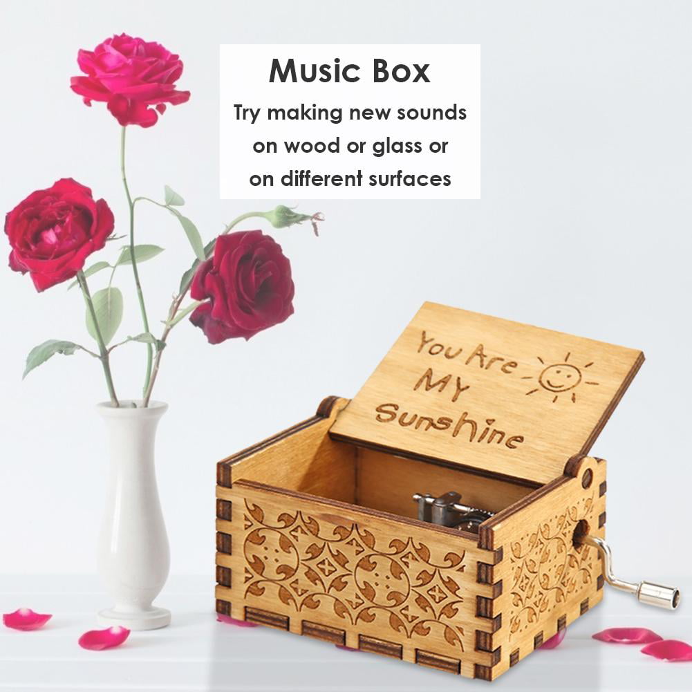 Retro Carved Wooden Manual Music Box Hand Cranked Birthday Gift Ornaments 