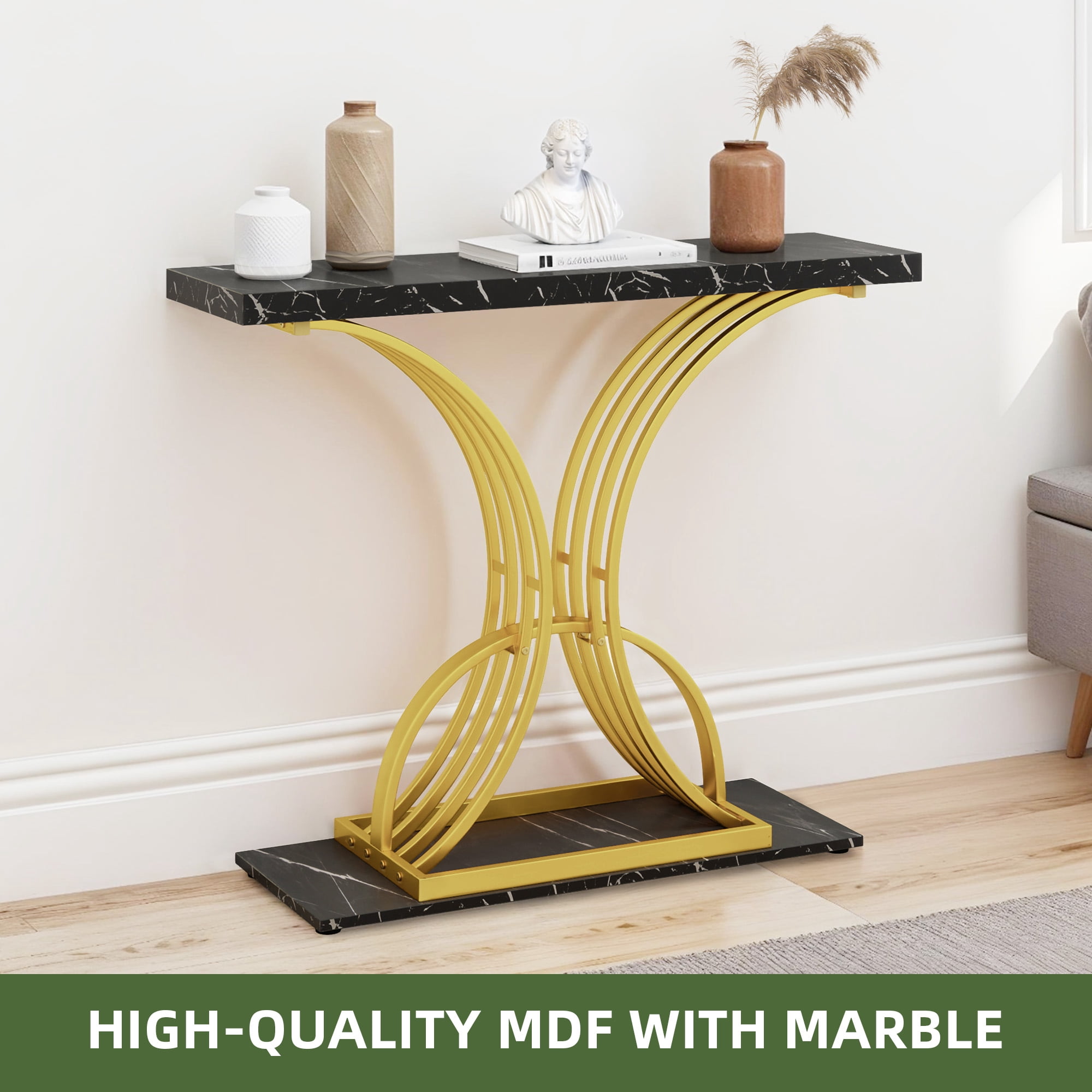 Uforic Luxury Console Entryway Table with Metal Base, Sofa Side Table, Black & Gold