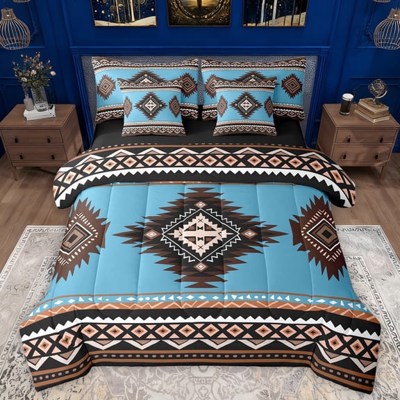 Manfei Bohemian Aztec Twin Bedding Sets 7-Piece for Children Teens Adults,Exotic Style Bedding Comforter Set Microfiber,Hippie Tribal Breathable Sheet Sets,Ultra Soft Home Decor,Reversible