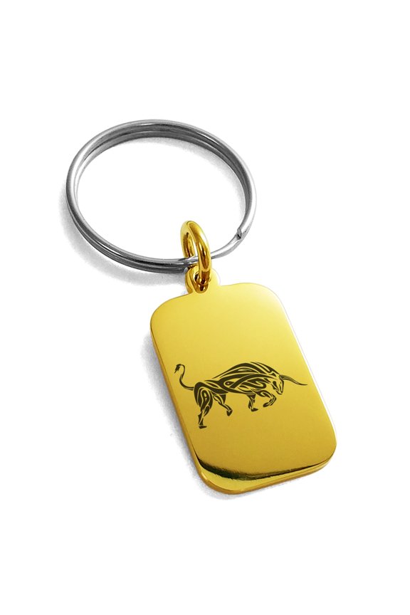 Stainless Steel Celtic Bull Rune Engraved Small Rectangle Dog Tag Charm Keychain Keyring