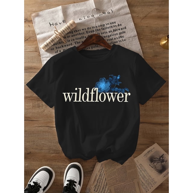 Women's Black Song Inspiration Tropical Floral & Lyrics Graphic Print T-Shirt - Soft Breathable Short Sleeve Crew Neck Casual Top for Summer & Spring, Machine Washable, Durable Clothing