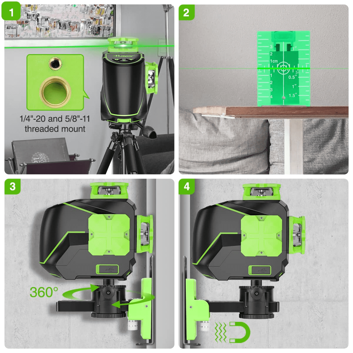Huepar 3D Cross Line Laser Level 3 x 360 Green Beam Self-leveling Laser Level Tools with Li-ion Battery and Magnetic Pivoting Base